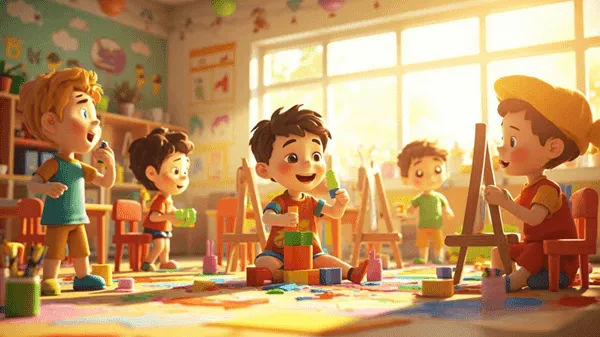 Mutlu çocuklar çizgi karakteri - anaokulu eğitim görseli